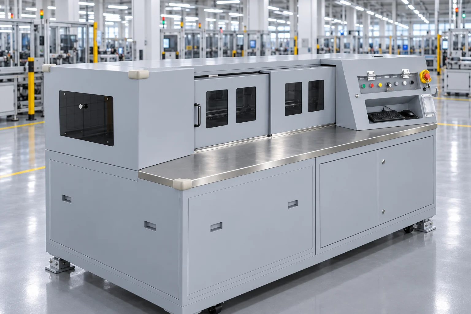 Three-quarter view showing camera housing and stainless worktop