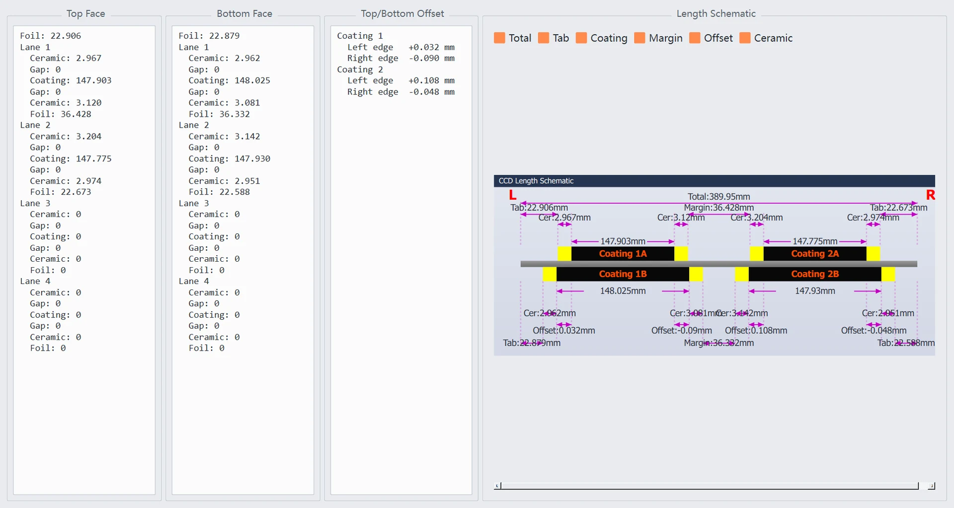 Result panel with top, bottom and misalignment data plus schematic